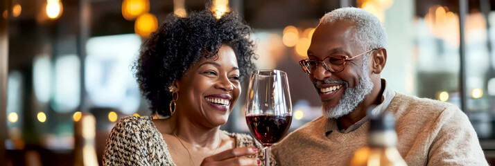 Elderly couple sharing a joyful toast on Valentine day celebration. Smiling African American gray-haired man and woman drinking red wine in romantic bar