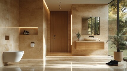Modern minimalist beige bathroom with large window, wooden vanity, and recessed lighting.