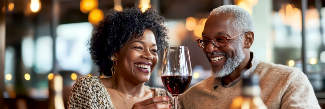 Elderly couple sharing a joyful toast on Valentine day celebration. Smiling African American gray-haired man and woman drinking red wine in romantic bar
