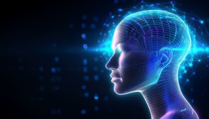 Obraz premium Digital Mind: Abstract representation of a human head with a digital grid and glowing lights, signifying advanced technology, artificial intelligence, and the future of human consciousness. 