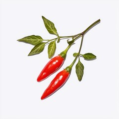 A vibrant red chili pepper with green leaves, showcasing its glossy skin and fresh appearance against a neutral background.
