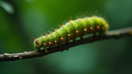 A green caterpillar on a branch with a green background
