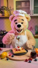 A bear making waffles in the kitchen surrounded by fresh fruit syrup and whipped cream Photography copyspace Light pastel gradients soft ambient light dreamlike mood