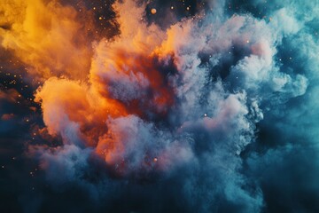 Intense orange and blue smoke cloud with bright sparks in dark atmosphere.
