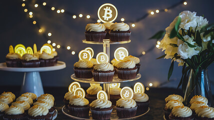 Desserts A Bitcointhemed cupcake tower with glowing sugar decorations Photography copyspace