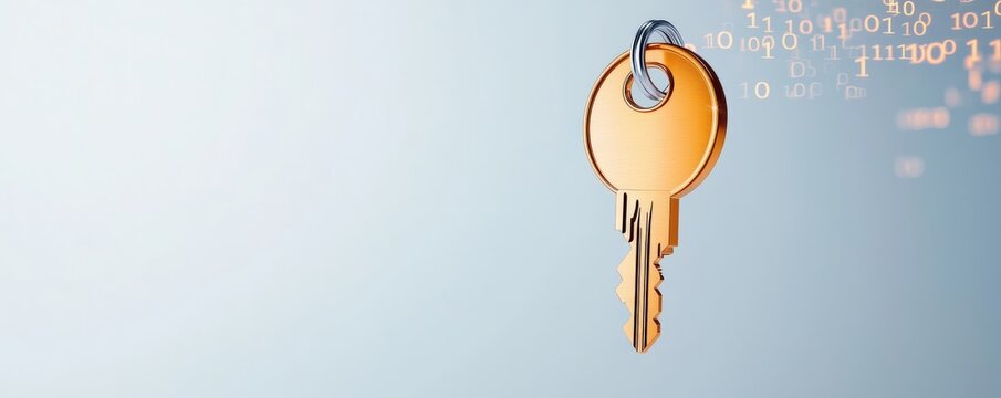 protect prevention policy concept. Key hanging against a blurred background with digital elements.