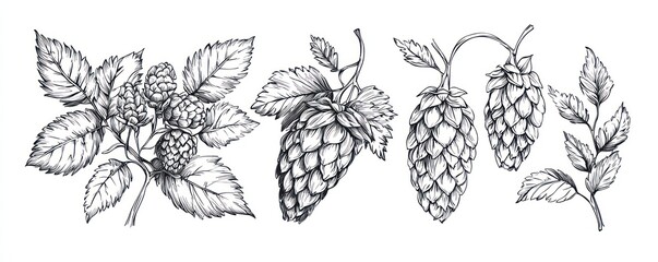 Hand-drawn hops and wheat illustrations, isolated on white.