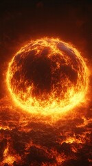 A fiery, glowing sphere appears against a dark background, resembling a sun or star, radiating intense heat and light.