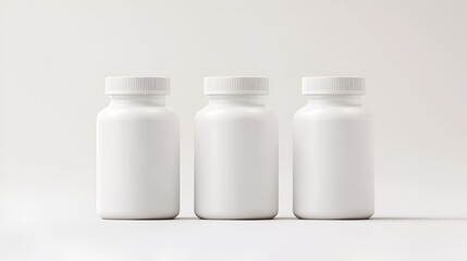 Blank plastic bottles with supplements or medication on white background