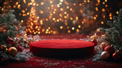 Podium on red Christmas background with lights