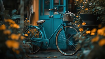 Obraz premium A teal vintage bicycle is parked in front of a blue door with flowers in a basket.