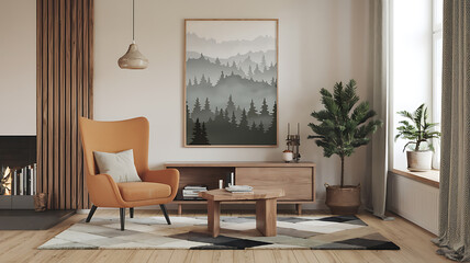 interior design mockup Minimalist japandi interior design of modern stylish living room Stylish armchair near wooden cabinet against window dressed with curtain Mountain Mist Slate gray forest green 