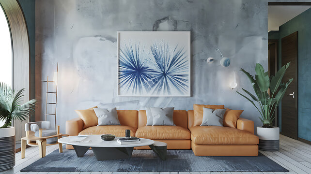 interior design mockup Modern interior of living room with orange sofa flat with black concrete stucco wall and arch door home design 3d rendering Arctic Chill Light blue cool gray frosty white midni