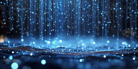 Abstract digital art of glowing blue light particles falling like rain over a dark, reflective surface