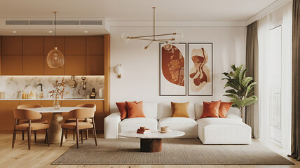 interior design mockup White apartment panorama interior 3d render Earth Tones Burnt sienna olive green sandy brown warm cream Portraiture
