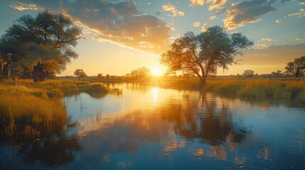 Fototapeta premium Sunset reflection over tranquil riverbank nature landscape evening serenity peaceful environment captivating viewpoint