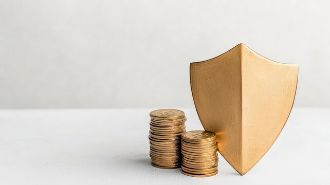 protect prevention policy concept. Protective shield with coins representing financial security.