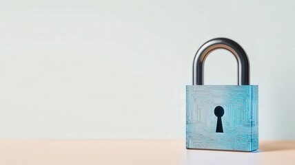 Fototapeta premium protect prevention policy concept. Transparent blue padlock on a light surface against a soft background.