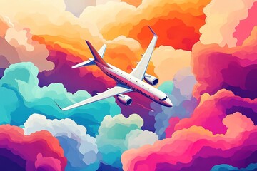 Naklejka premium Airplane soaring above vibrant, colorful clouds in sky
