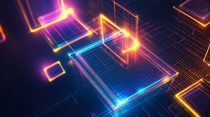 Obraz premium Futuristic cityscape where digital ordinances ensure fairness and integrity in governance, A vibrant digital circuit board with glowing elements representing technology and data flow. 