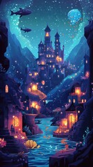 Enchanting Underwater Castle Town Night Scene