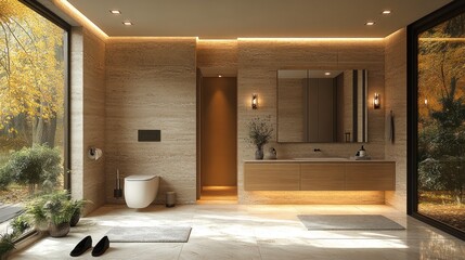 Modern minimalist bathroom with stone walls, large windows, and wooden vanity.