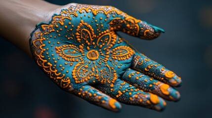 Fototapeta premium Close-up of a woman's hand adorned with intricate blue and orange henna designs.