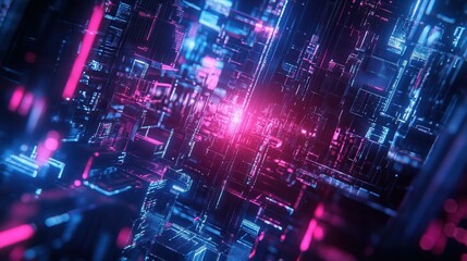 Fototapeta premium Futuristic neon circuit board with pink and blue lights in digital maze.