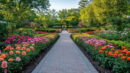 Obraz premium A brick pathway lined with vibrant pink, orange, and red flowers leads through a lush, green garden.