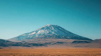 A snow-capped mountain rises majestically against a clear blue sky, with a vast, golden desert stretching out in the foreground.