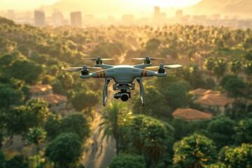 Fototapeta premium A drone flying over a lush landscape at sunset, capturing aerial views of the environment.