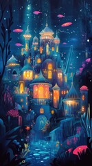 Obraz premium An Underwater Castle Illuminates The Deep Ocean