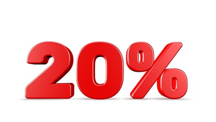 20% 3D rendering illustration isolated with Red Color on white background 3D percent and signs