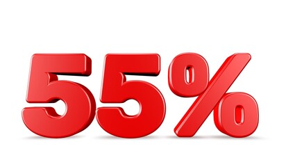 55% 3D rendering illustration isolated with Red Color on white background 3D percent and signs