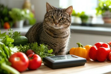 Tabby cat among fresh vegetables and healthy food in a bright kitchen.