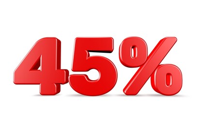 45% 3D rendering illustration isolated with Red Color on white background 3D percent and signs