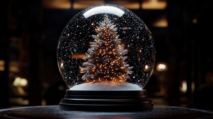 A snow globe with a shimmering Christmas tree at its center, illuminated by twinkling lights and decorated with festive ornaments
