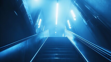 Dynamic urban scene blurred metro escalator with light blue background in subway infrastructure