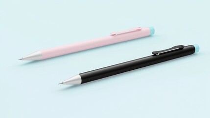 Two stylish pens rest on a pale blue background