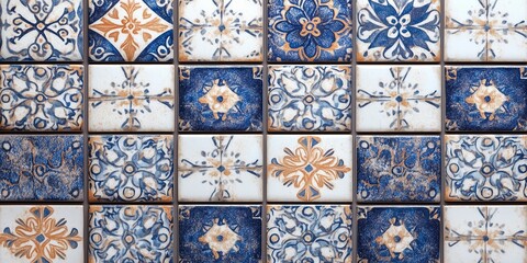 Vintage ceramic tiles with blue and orange floral patterns