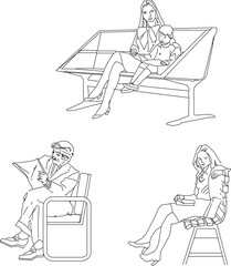 Vector sketch, silhouette illustration, design of a person sitting relaxing in a city park