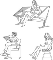 Vector sketch, silhouette illustration, design of a person sitting relaxing in a city park 