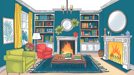 interior design mockup A dimly lit library with an open book in the foreground and a fireplace in the background Tropical Summer Bright teal sunny yellow hibiscus red palm green Ink Wash Sumie