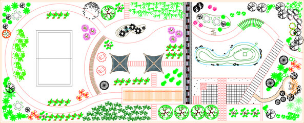 vector sketch, silhouette illustration, garden landscape image design with lush plants and trees