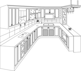 Vector sketch, illustration, silhouette, design, architectural engineering drawing, interior of a classic vintage kitchen set 