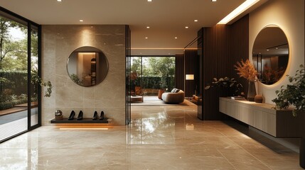 Modern luxury home entrance with marble floor, large mirrors, and sleek furniture.