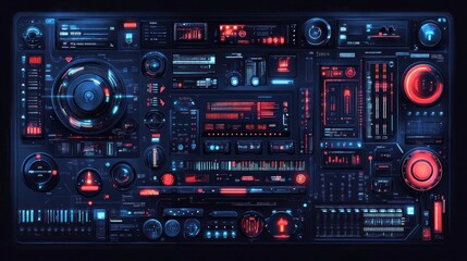 Futuristic user interface with various buttons, knobs, and screens.