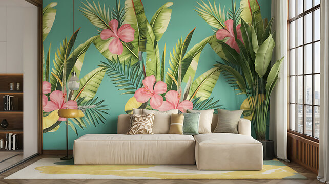 interior design mockup Beige corner daybed sofa against windows in room with high ceiling Minimalist home interior design of modern living room Tropical Paradise Turquoise lime green sunny yellow hib