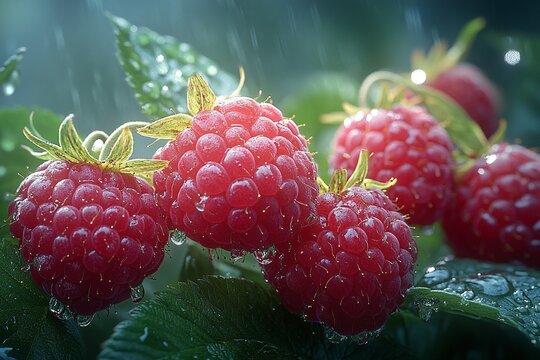 Juicy raspberries glistening with rain droplets. A vibrant display of nature's sweetness. - Powered by Adobe