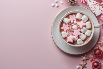 Hot chocolate topped with festive marshmallows in holiday shapes, ideal for winter festivities, with space for text.